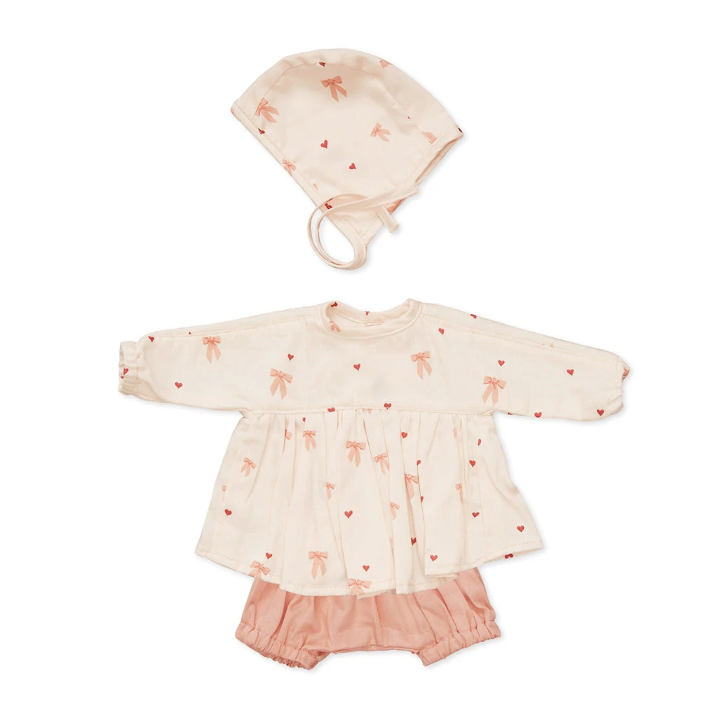 Doll's Clothing Set & Bonnet - GOTS - Bows 1 Doll's Clothing Set & Bonnet - GOTS - Bows