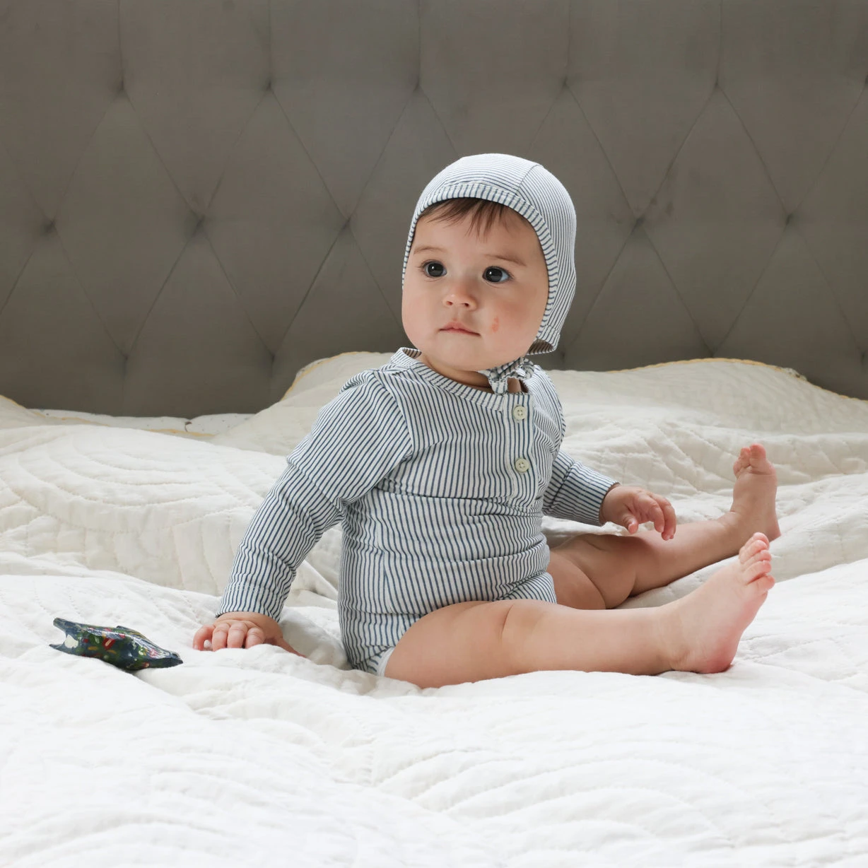 Baby Bonnet - GOTS - Classic Stripes Blue 2 Baby Bonnet - GOTS - Classic Stripes Blue - Image 2