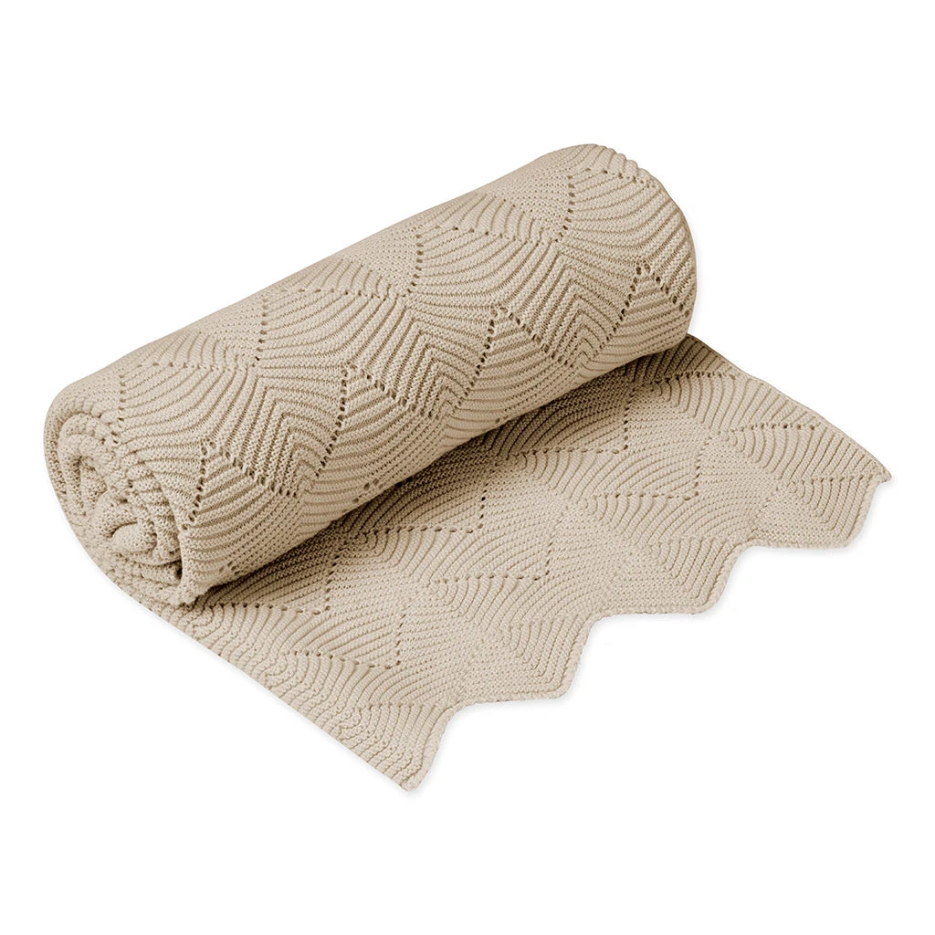 Scallop Knit Blanket - GOTS Almond 1 Scallop Knit Blanket - GOTS Almond